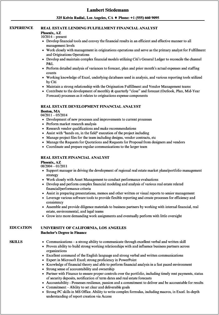 Real Estate Financial Analyst Resume Sample