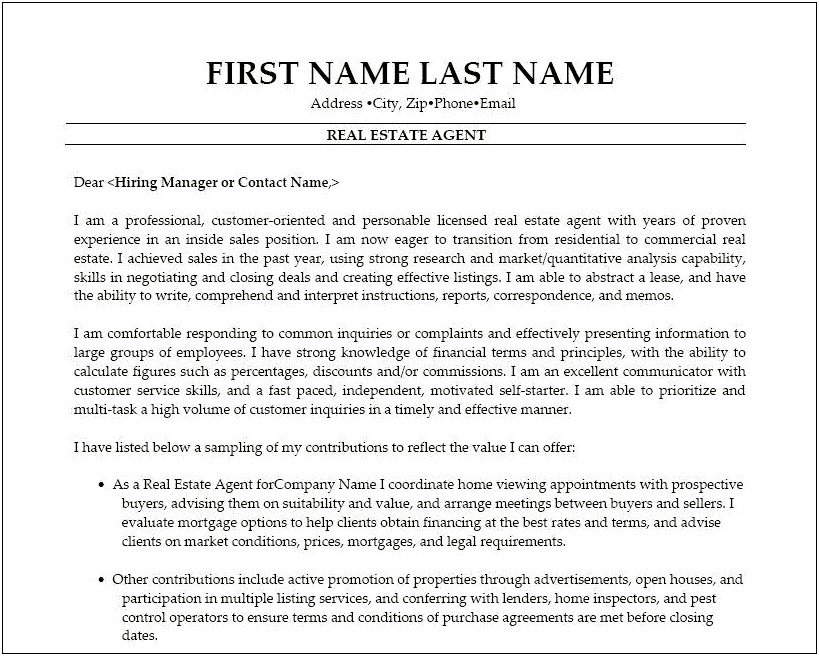 Real Estate Resume Cover Letter Samples