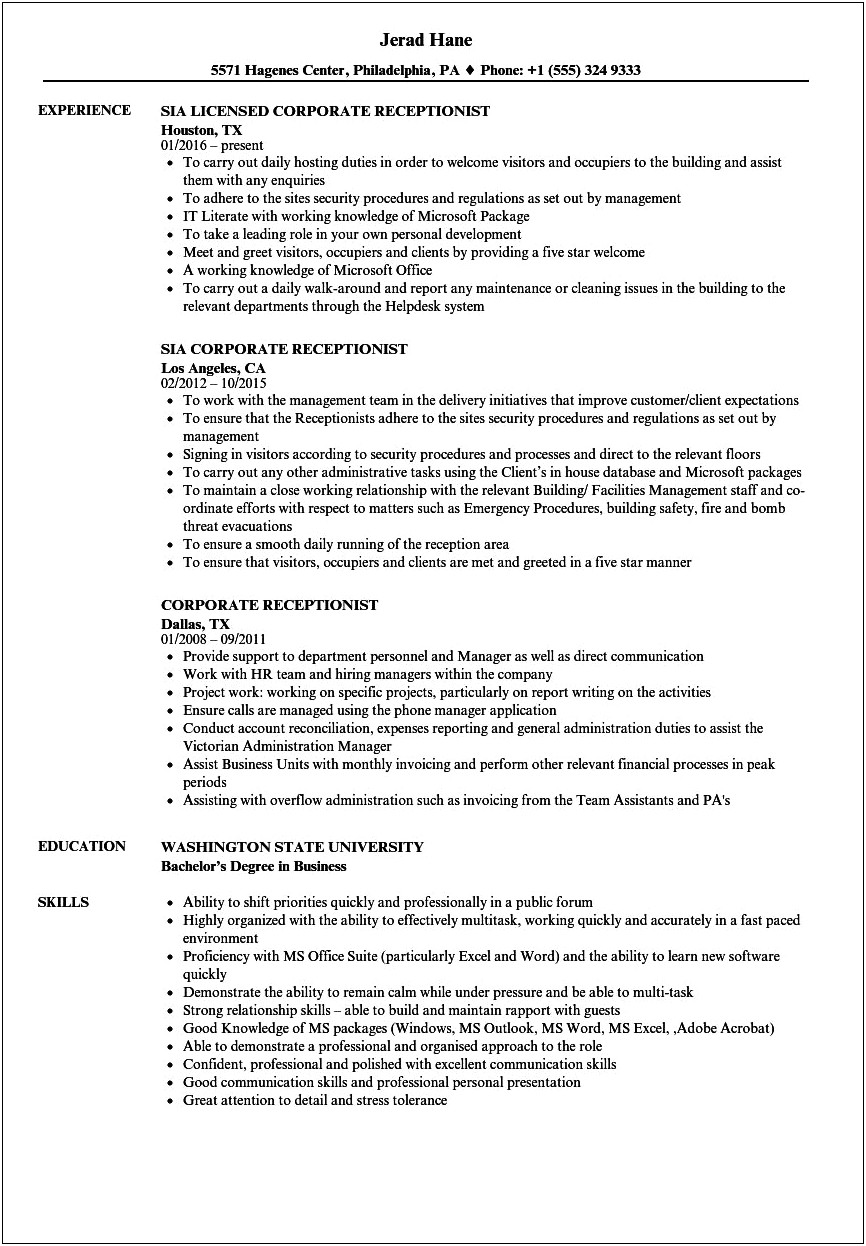 Reception Work On Skills Based Resume