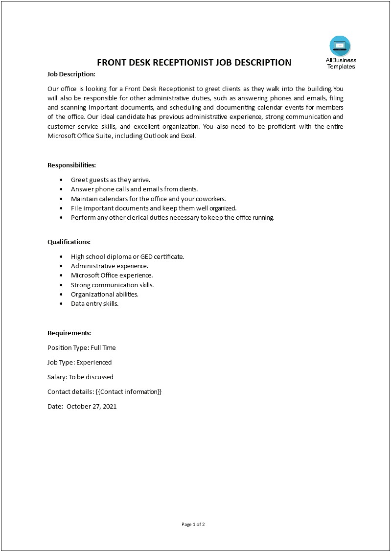 Receptionist Job Description Duties For Resume