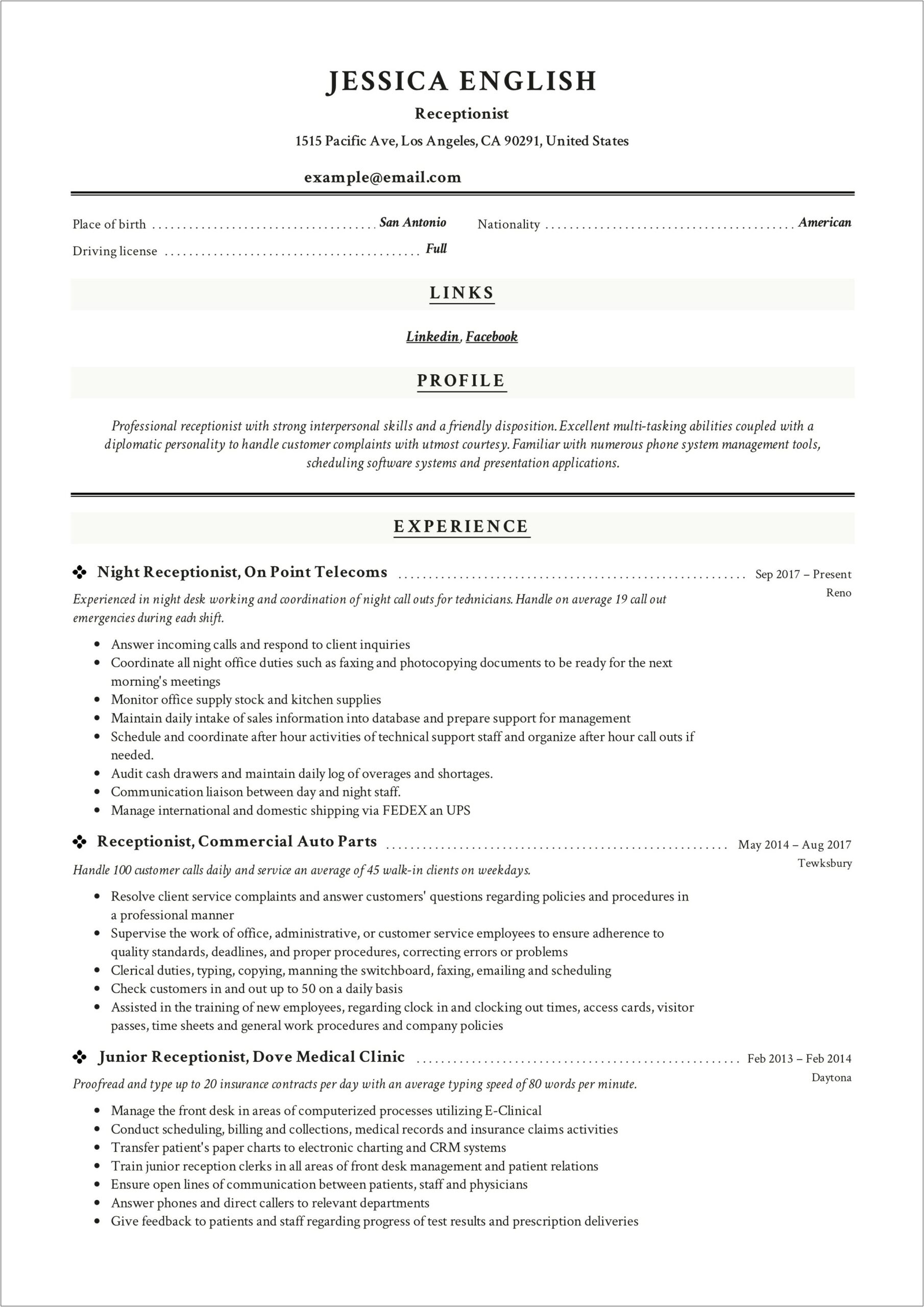 Receptionist Resume With No Experience Retail