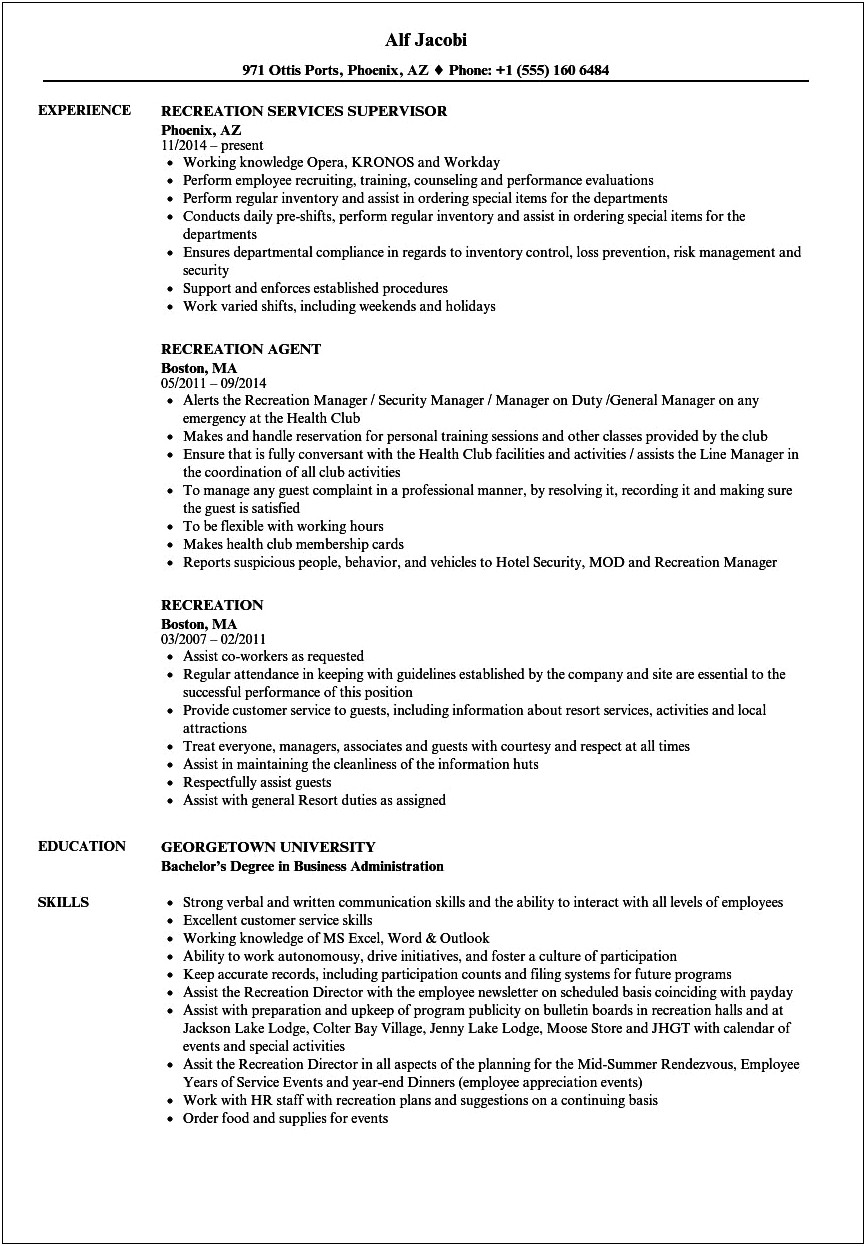 Recreation Attendant Sample Resume No Experience