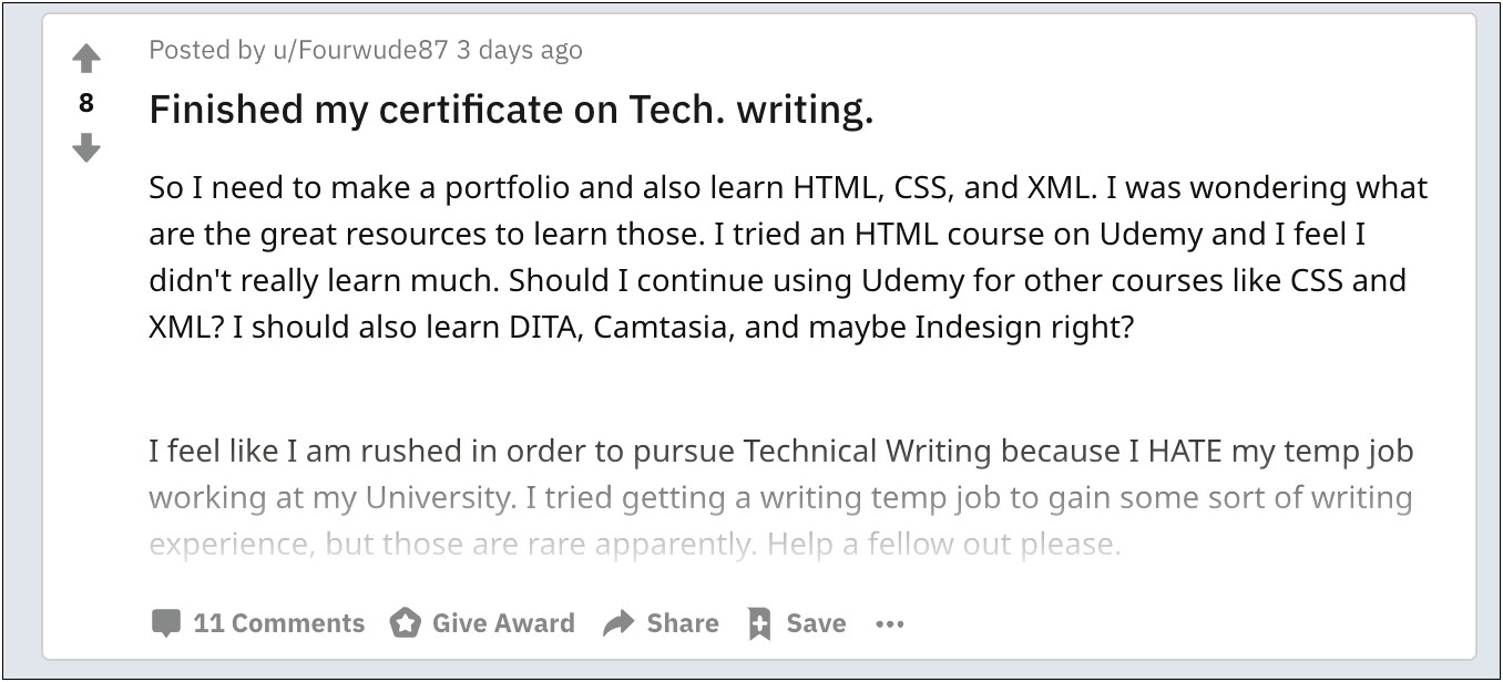 Reddit Resume Computer Programming Experience With Udemy Course