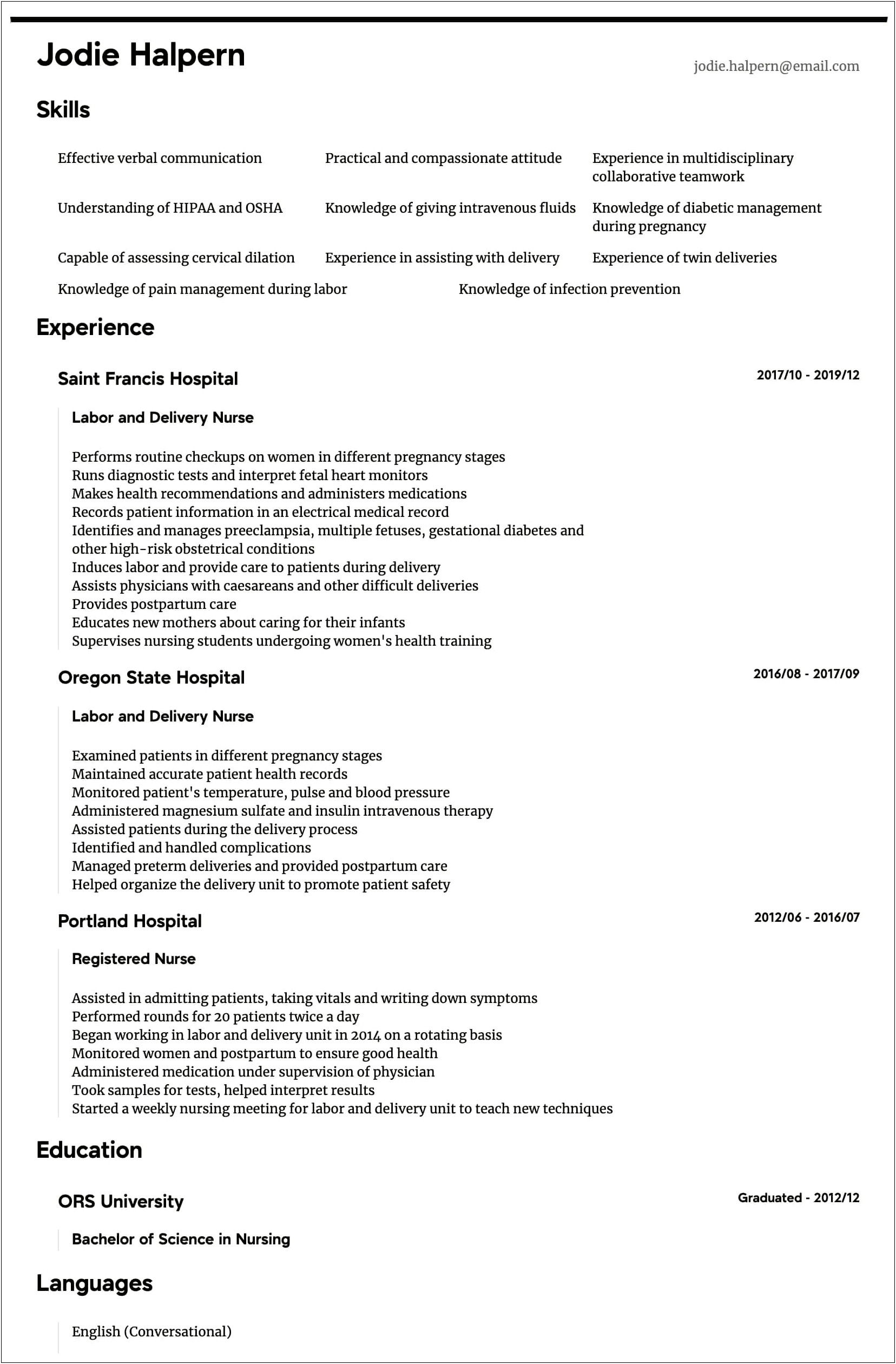 Registered Nurse Job Summary For Resume