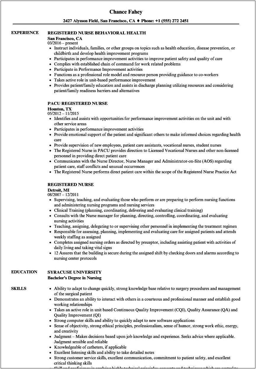 Registered Nurse Resume Summary Of Qualifications