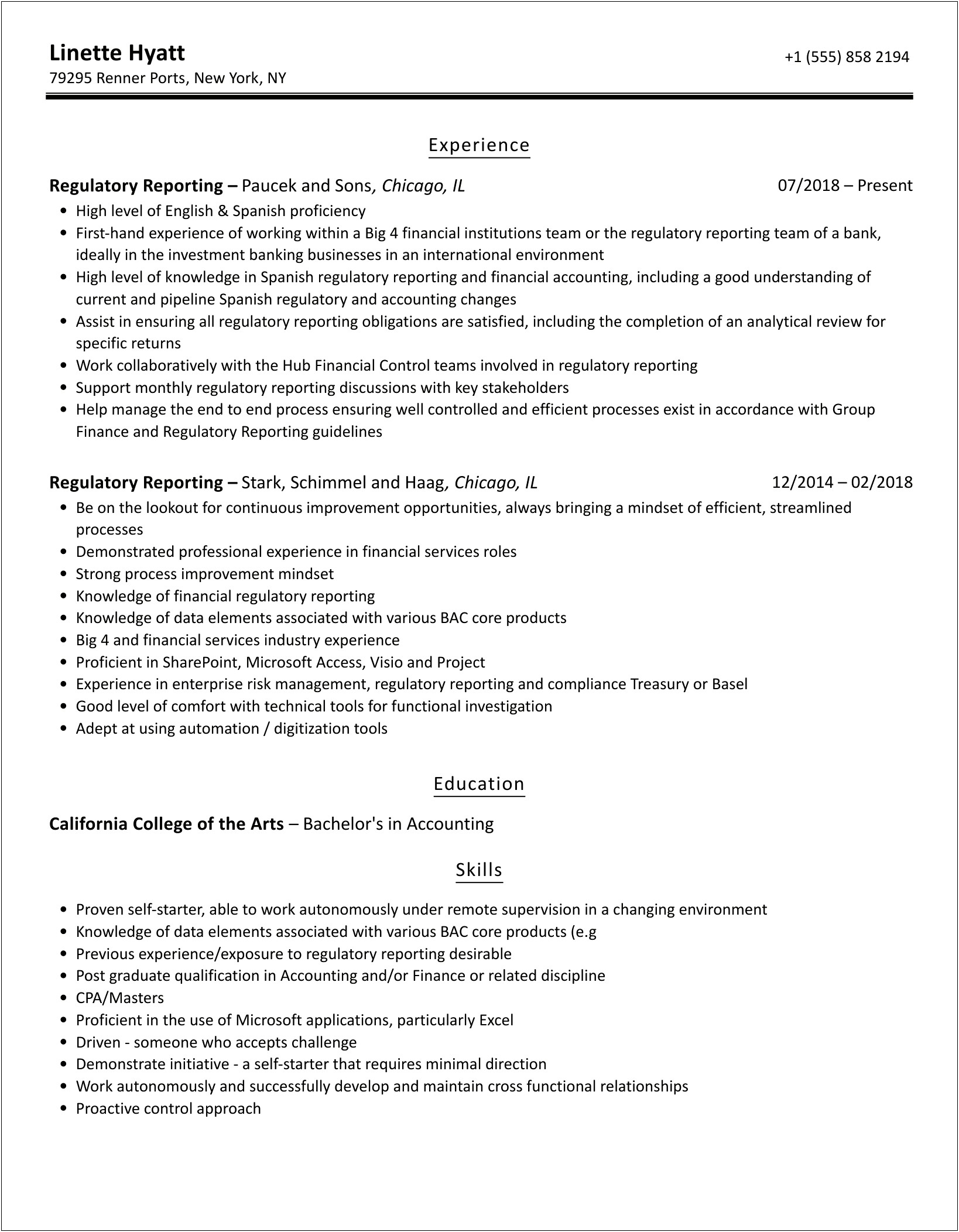 Regulatory Reporting Experience In Java Resume