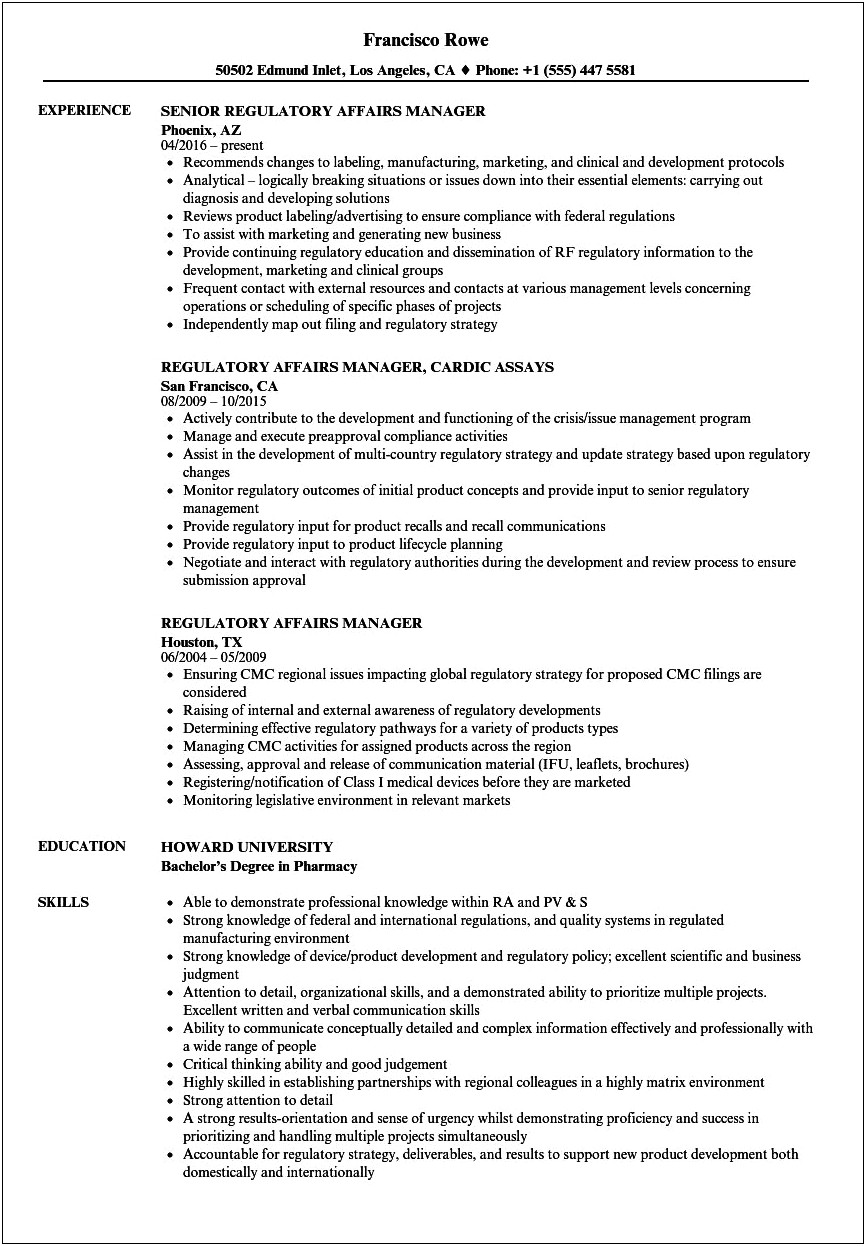 Regulatory Specialist In Pharmaceutical Resume Examples