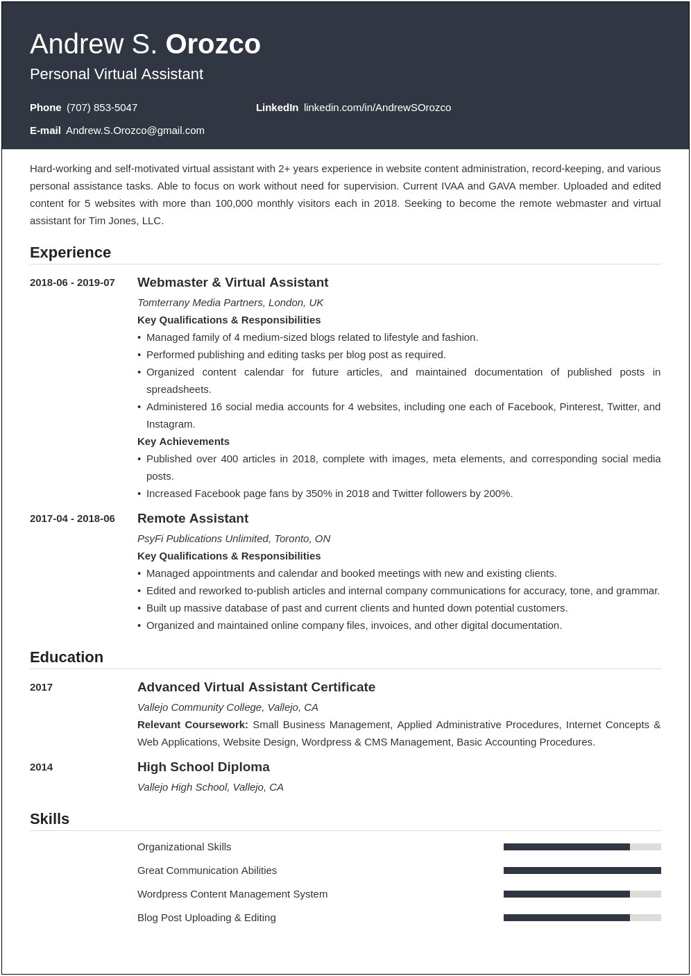 Relevant Coursework Skills Example Resume Administrative