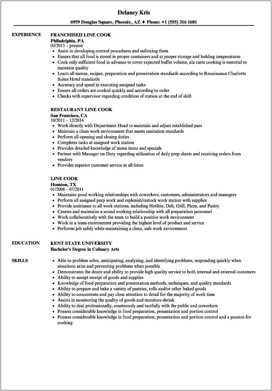 Relevant Experience On Resume For Cooking