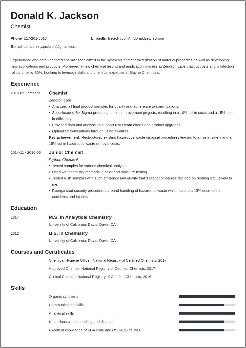 Research And Development Chemist Resume Sample