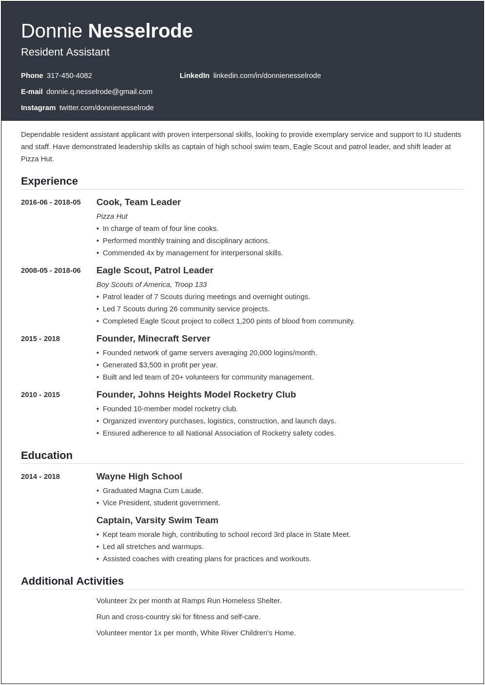 Resident Advisor In Business Description Resume