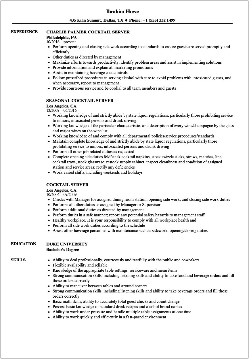 Resort Waitress Job Description For Resume