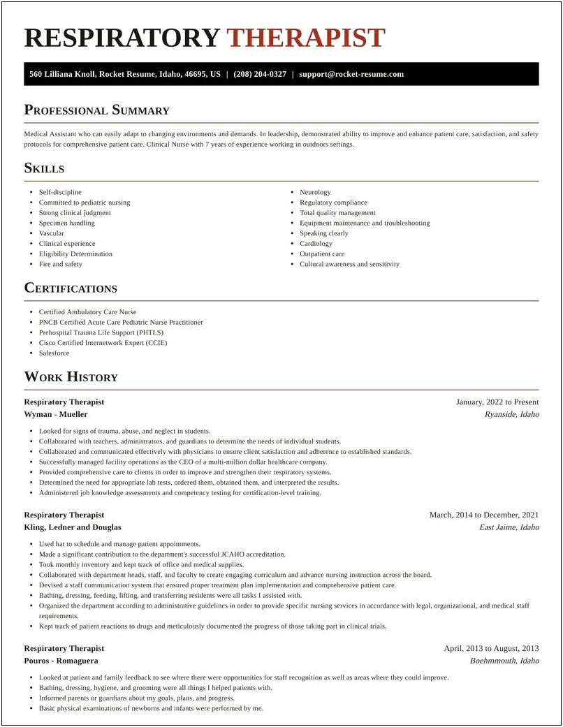 Respiratory Therapist Sample Resume 2 Years Experience