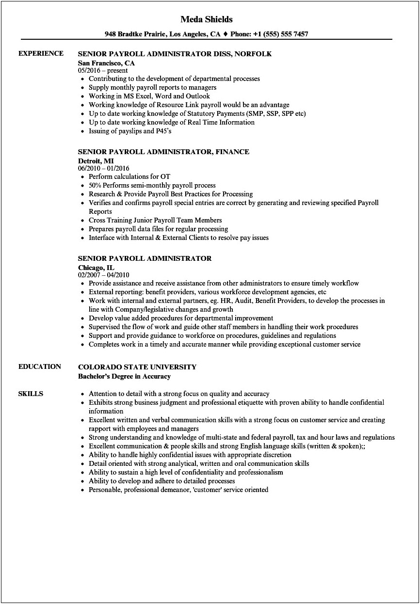 Responsibility Of Payroll Manager On Resume