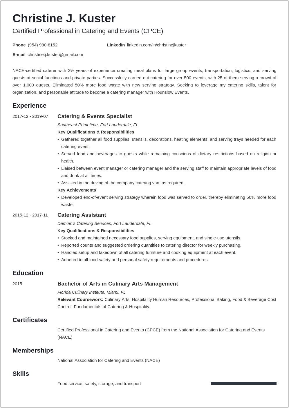 Restaurant And Catering Director Resume Sample