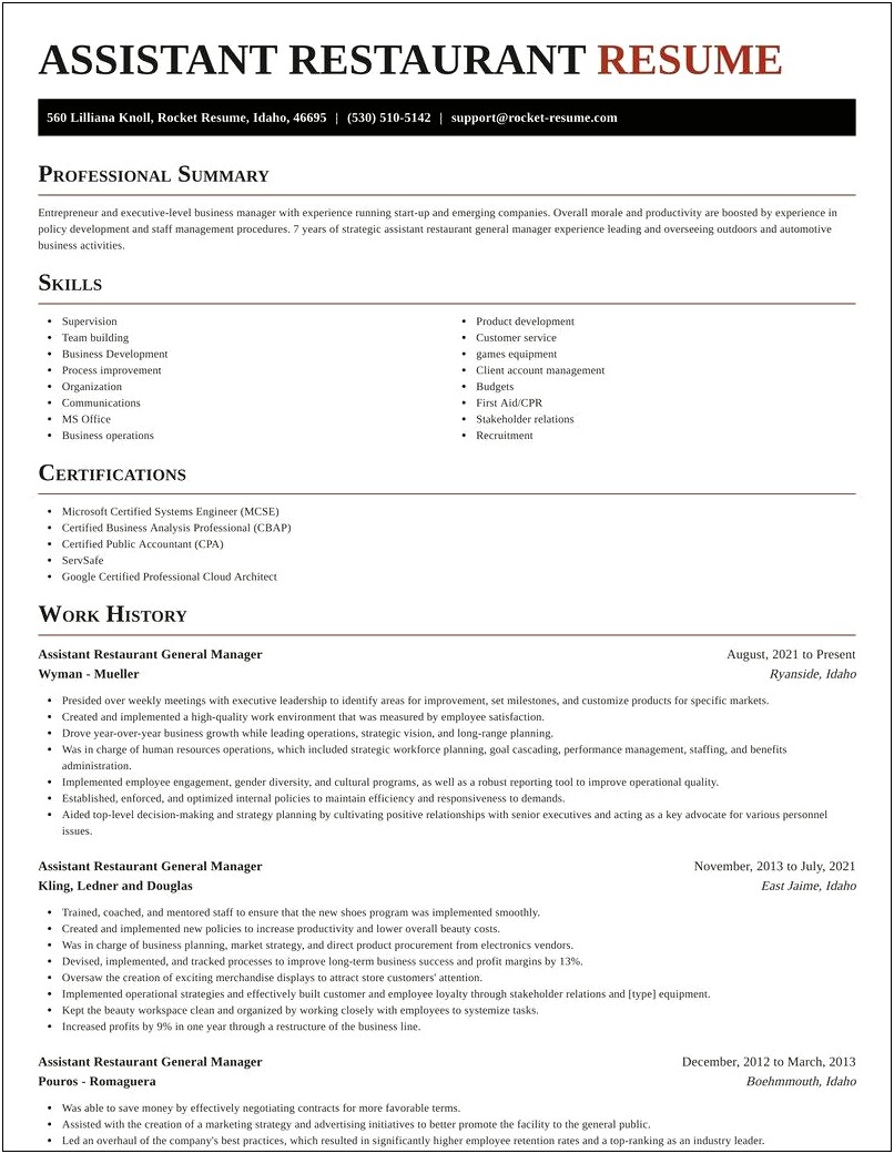 Restaurant Assistant General Manager Resume Sample