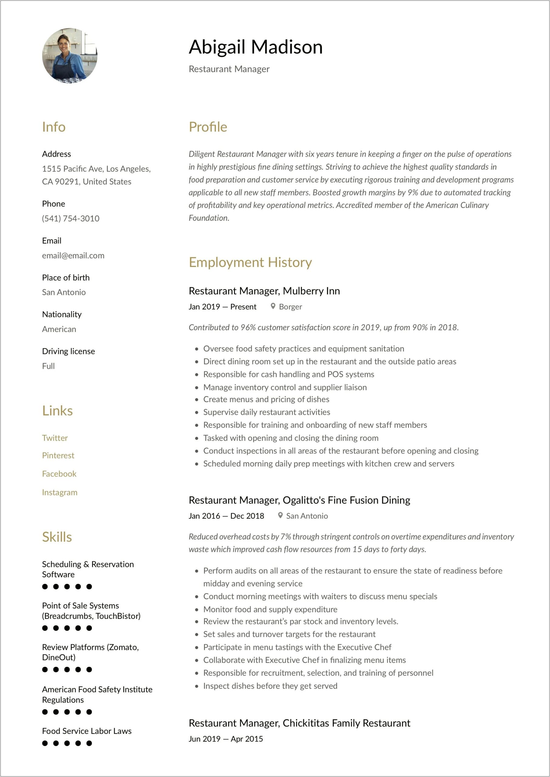 Restaurant Manager Closing Duties Resume Sample