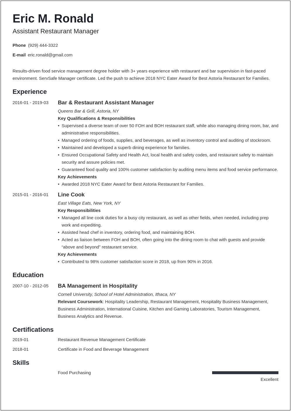 Restaurant Shift Manager Job Description Resume