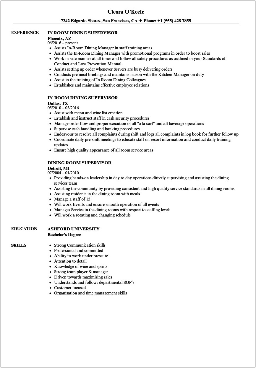 Restaurant Supervisor Job Description For Resume