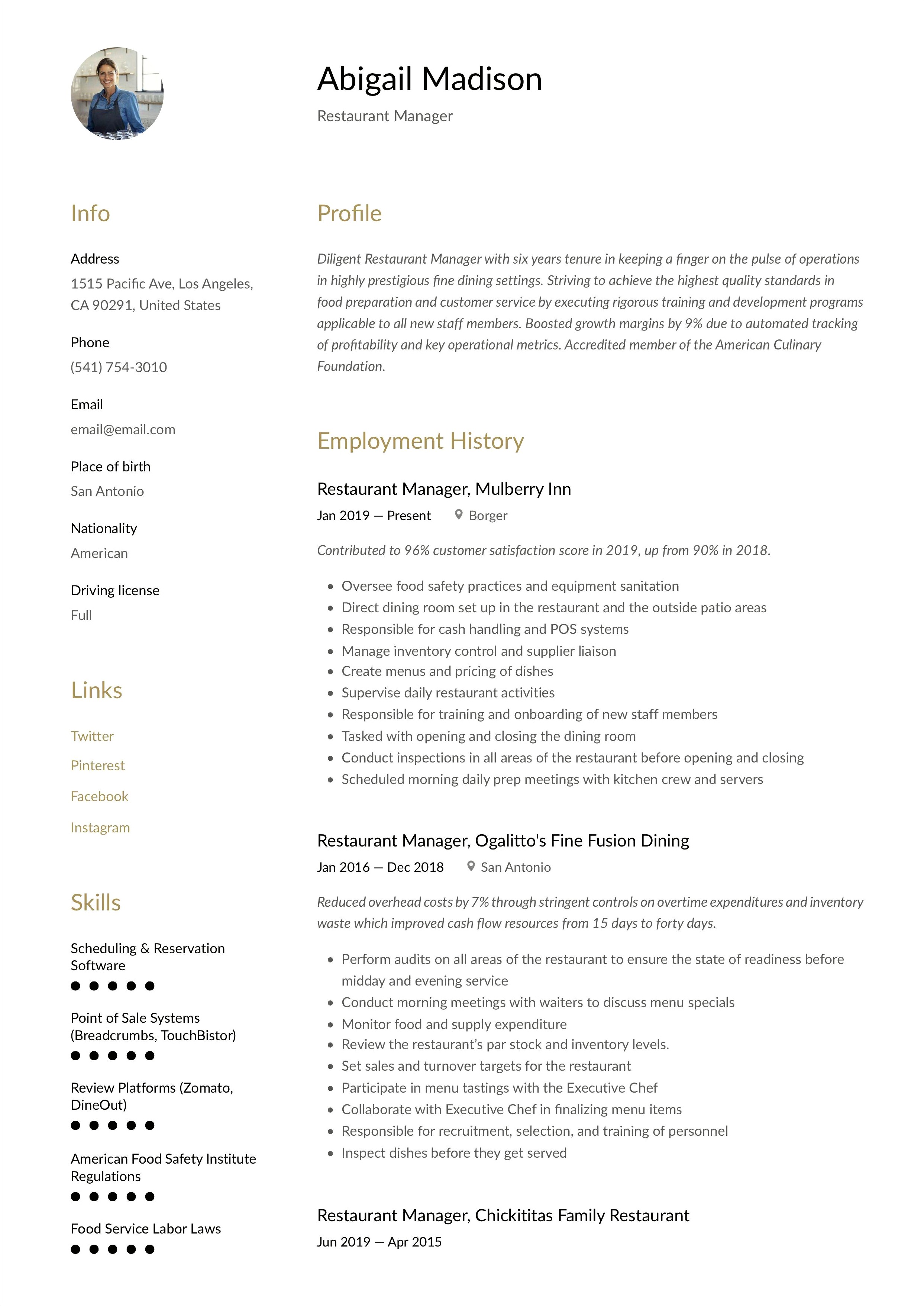 Restuaurant Manager Profile Summary On Resume