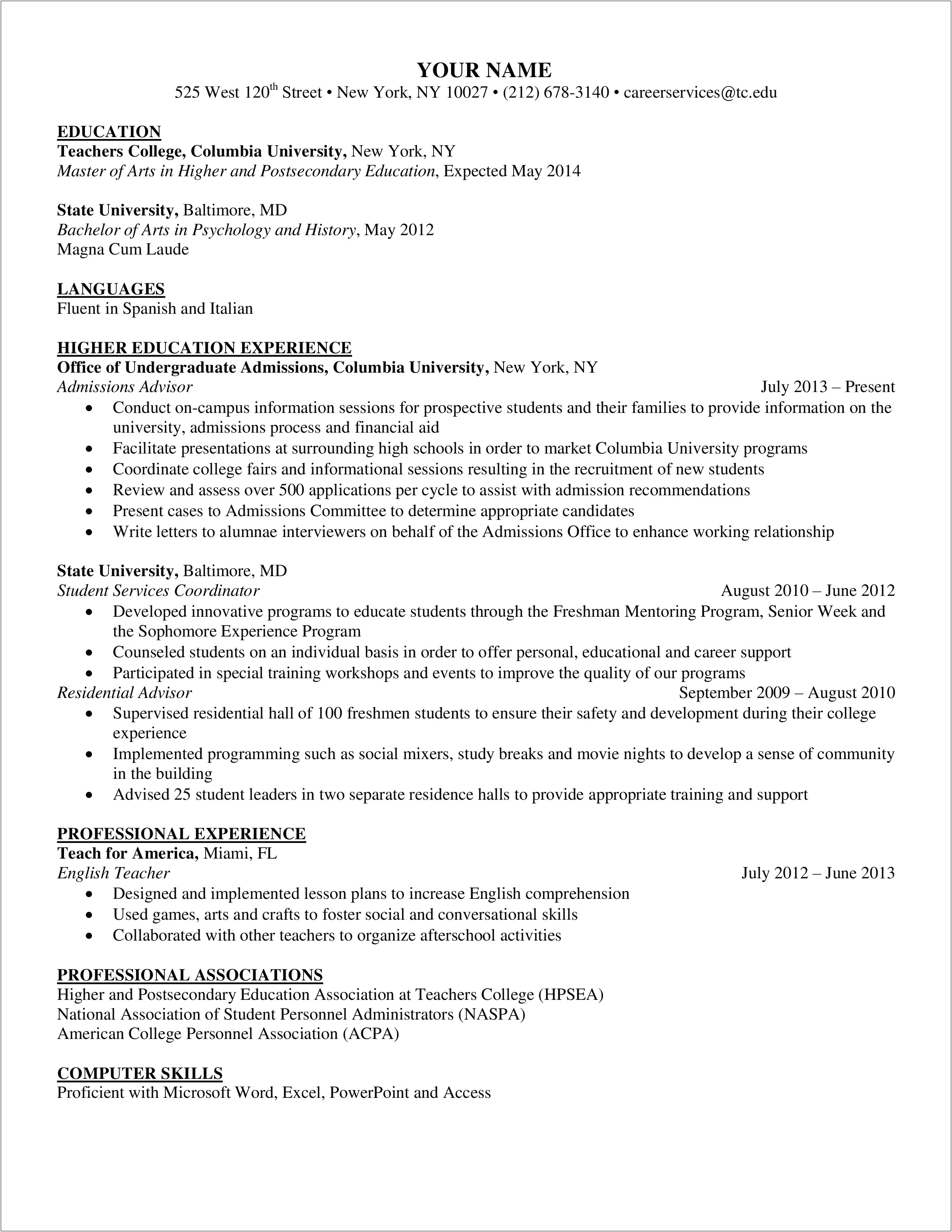 Resume An Experience Higher Education Administrator