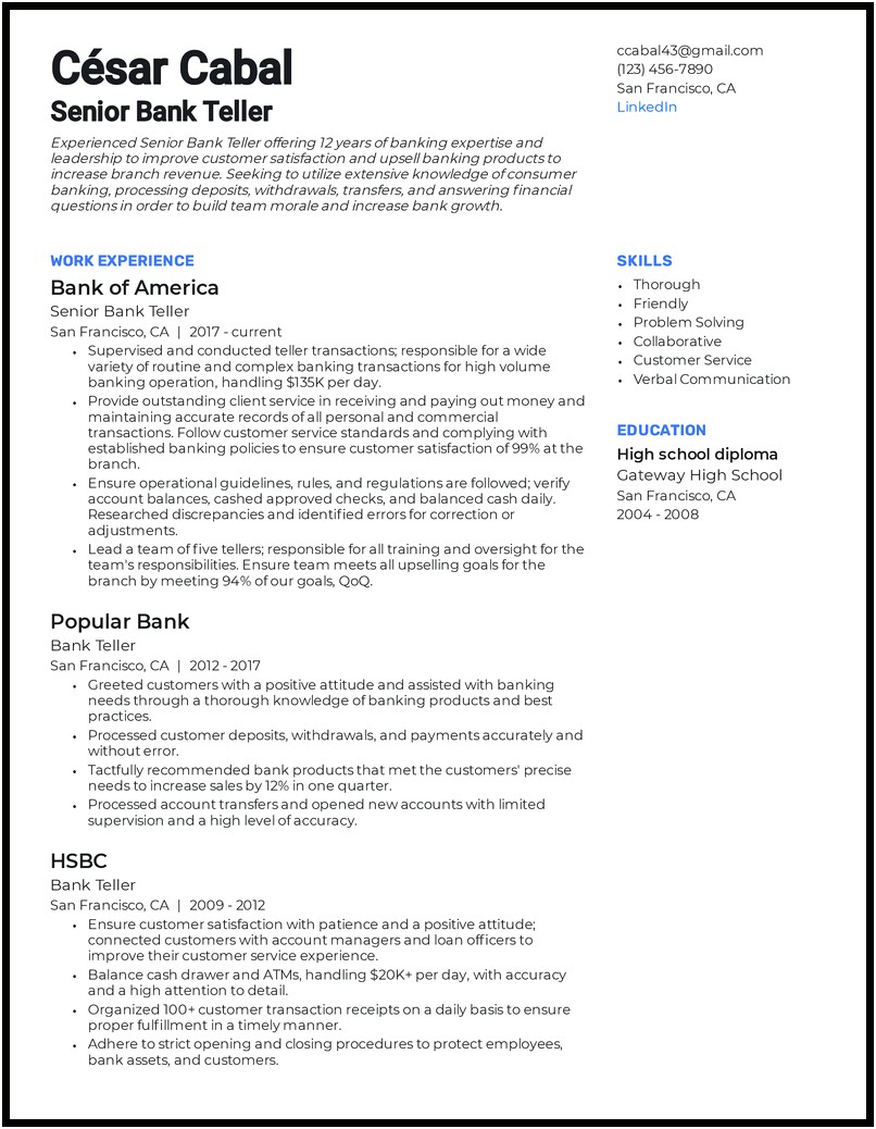 Resume And Skills For A Teller