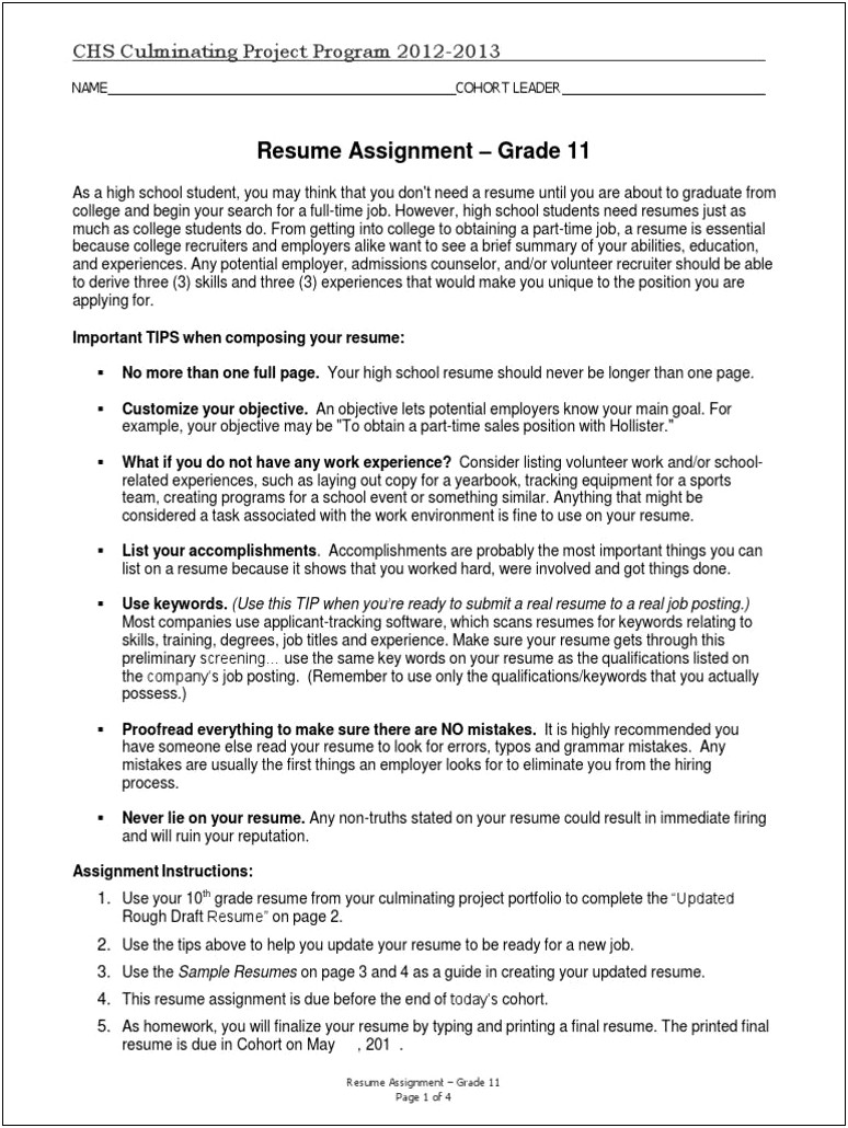 Resume Assignment For High School Students