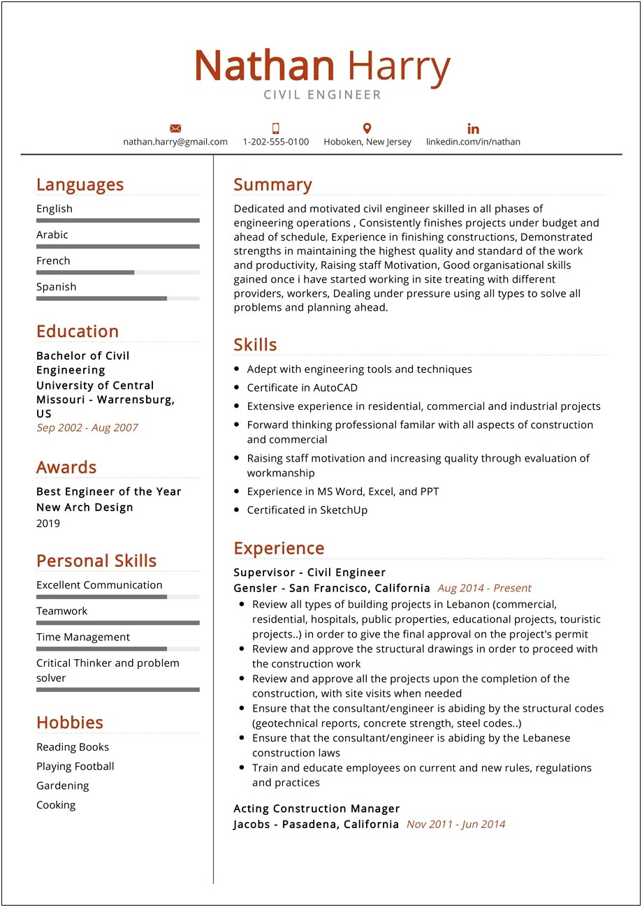 Resume Civil Engineer 3 Year Experience