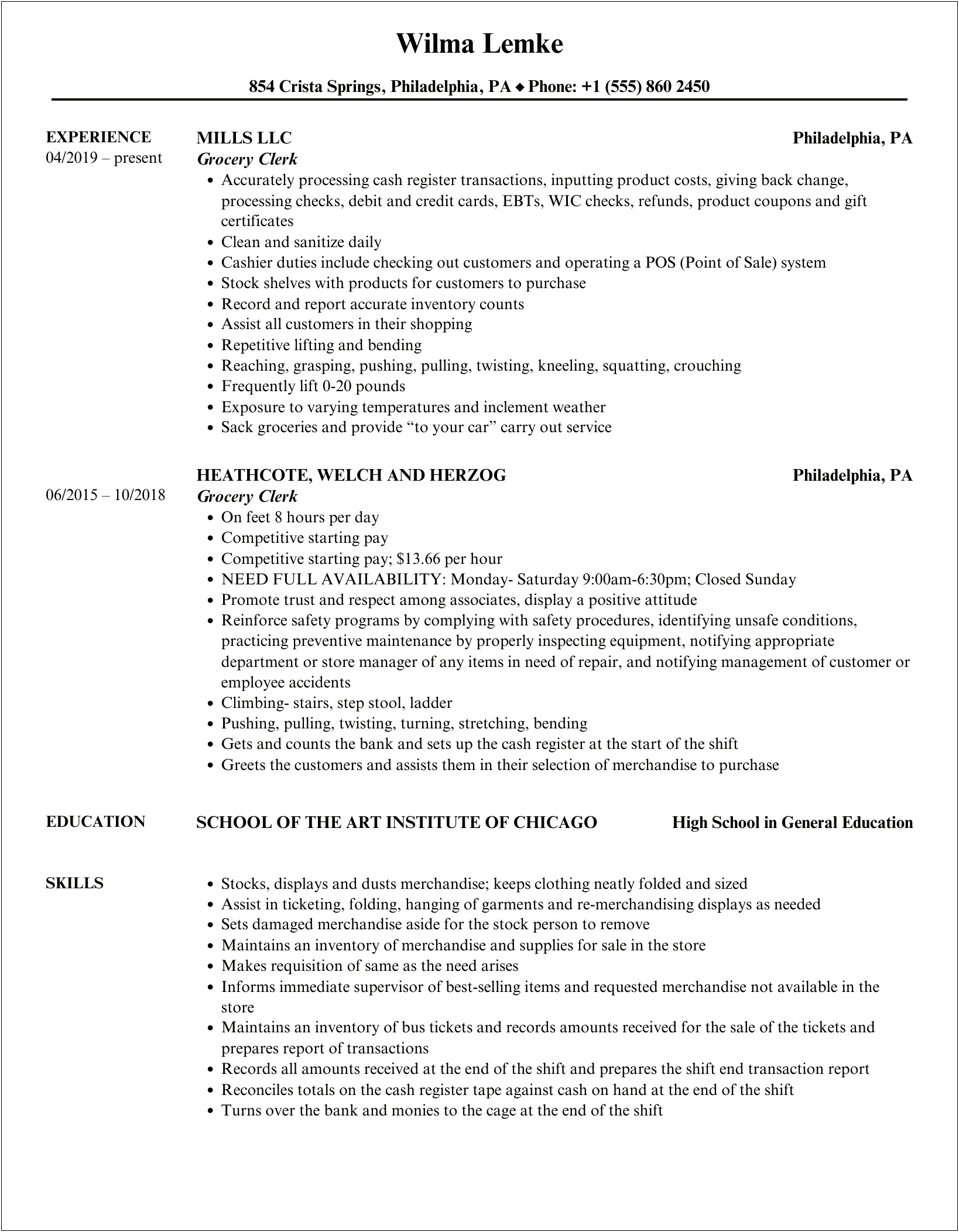 Resume Courtesy Clerk Grocery Store Job Description