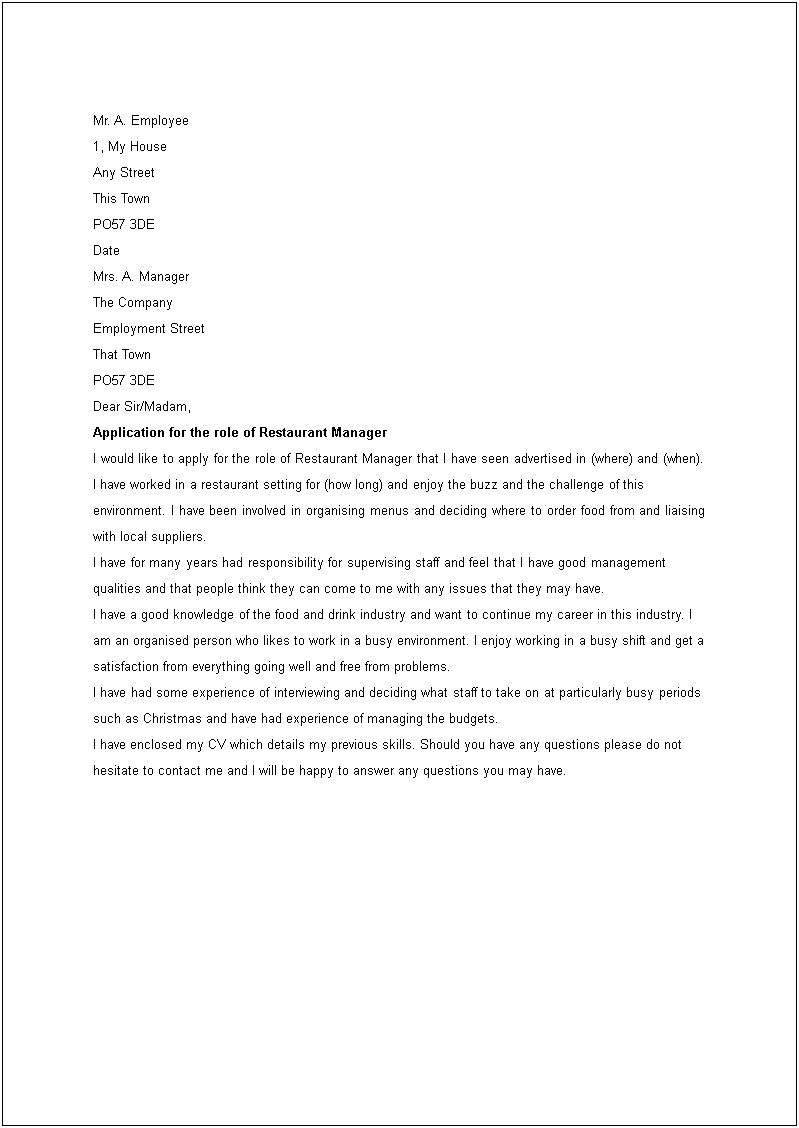 Resume Cover Letter Example For Restaurant Manager