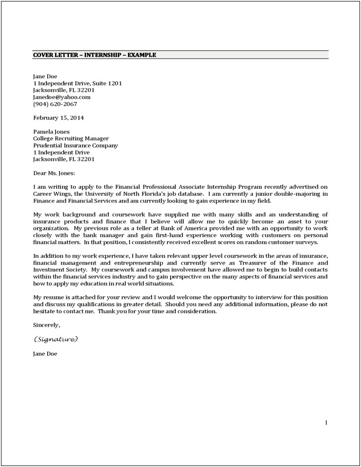 Resume Cover Letter Examples For Internship