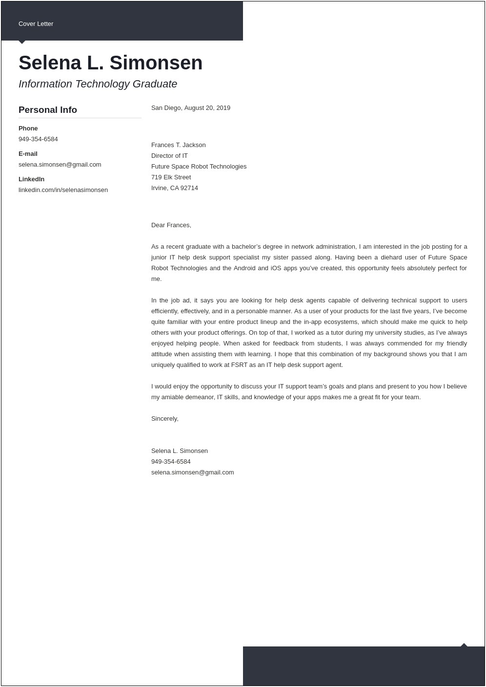 Resume Cover Letter Examples Tech Support