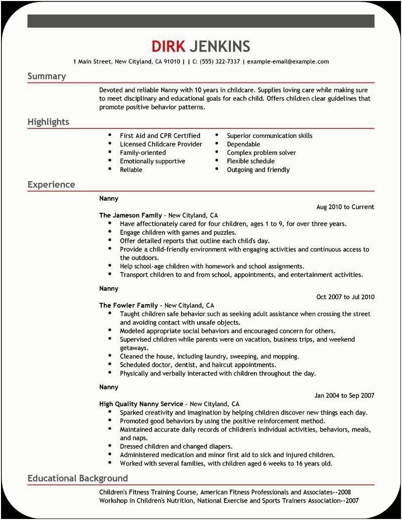 Resume Cover Letter For Nanny Job