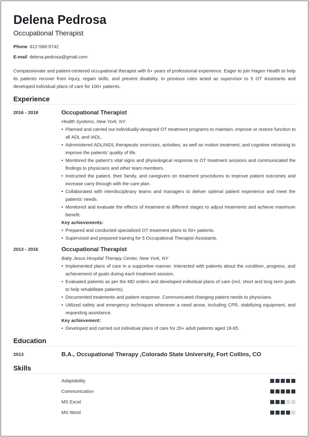 Resume Cover Letter For Occupational Therapy