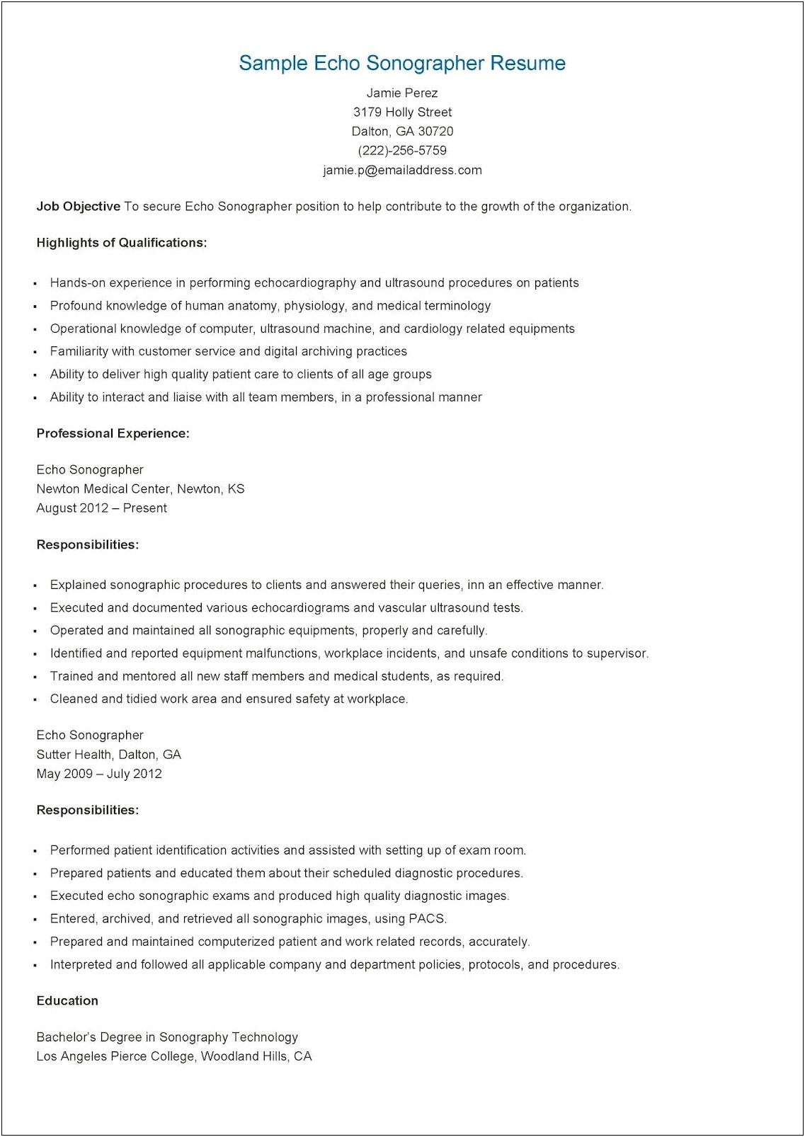 Resume Cover Letter For Sonographer Position