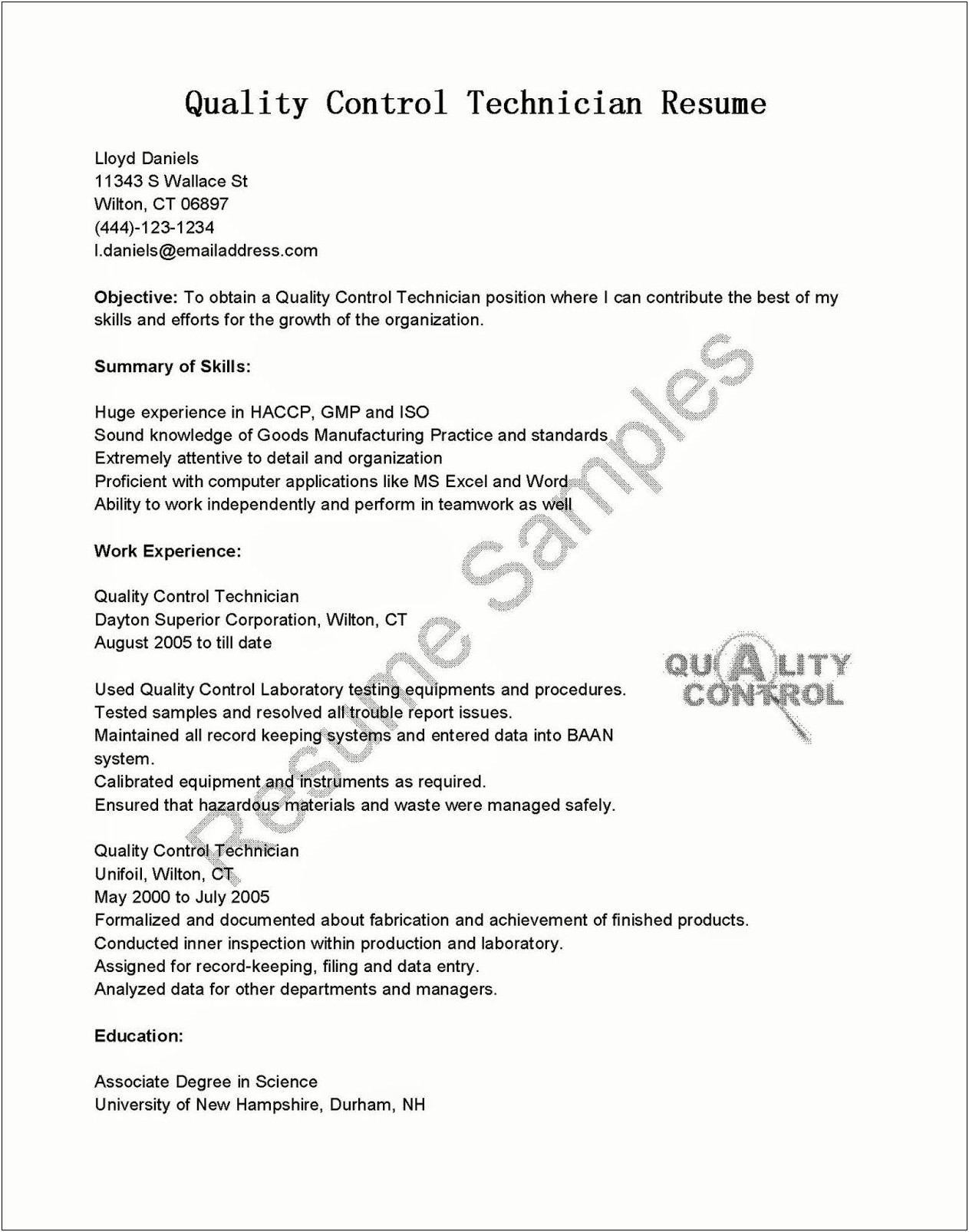 Resume Cover Letter Quality Control Inspector