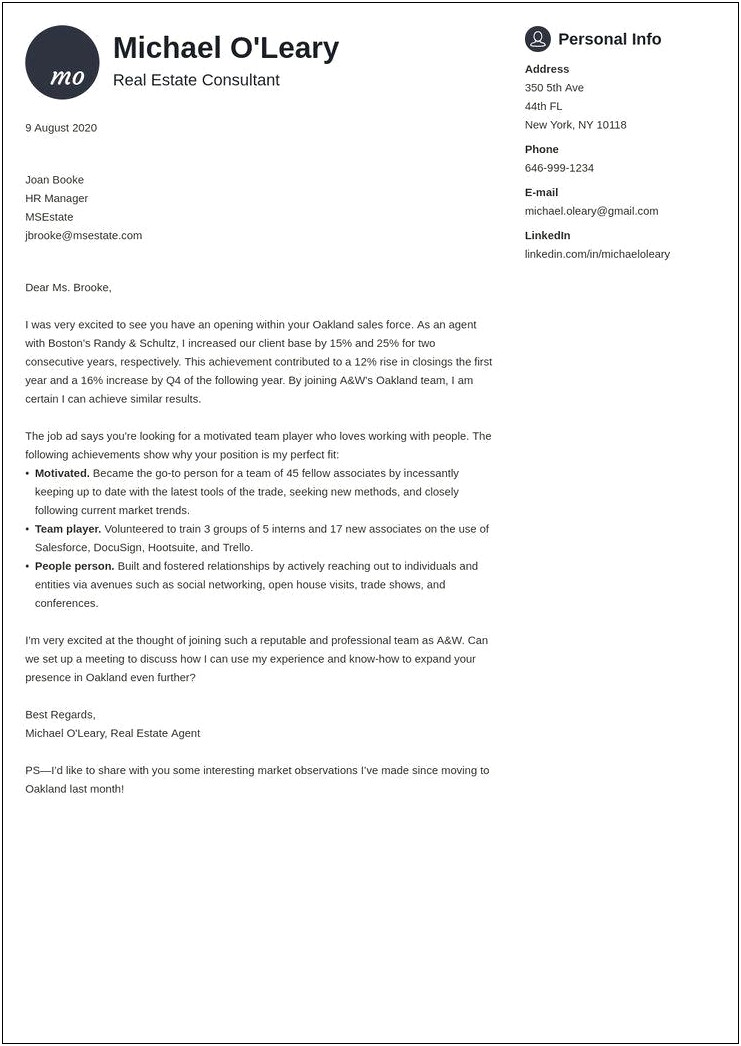 Resume Cover Letter Real Estate Sales