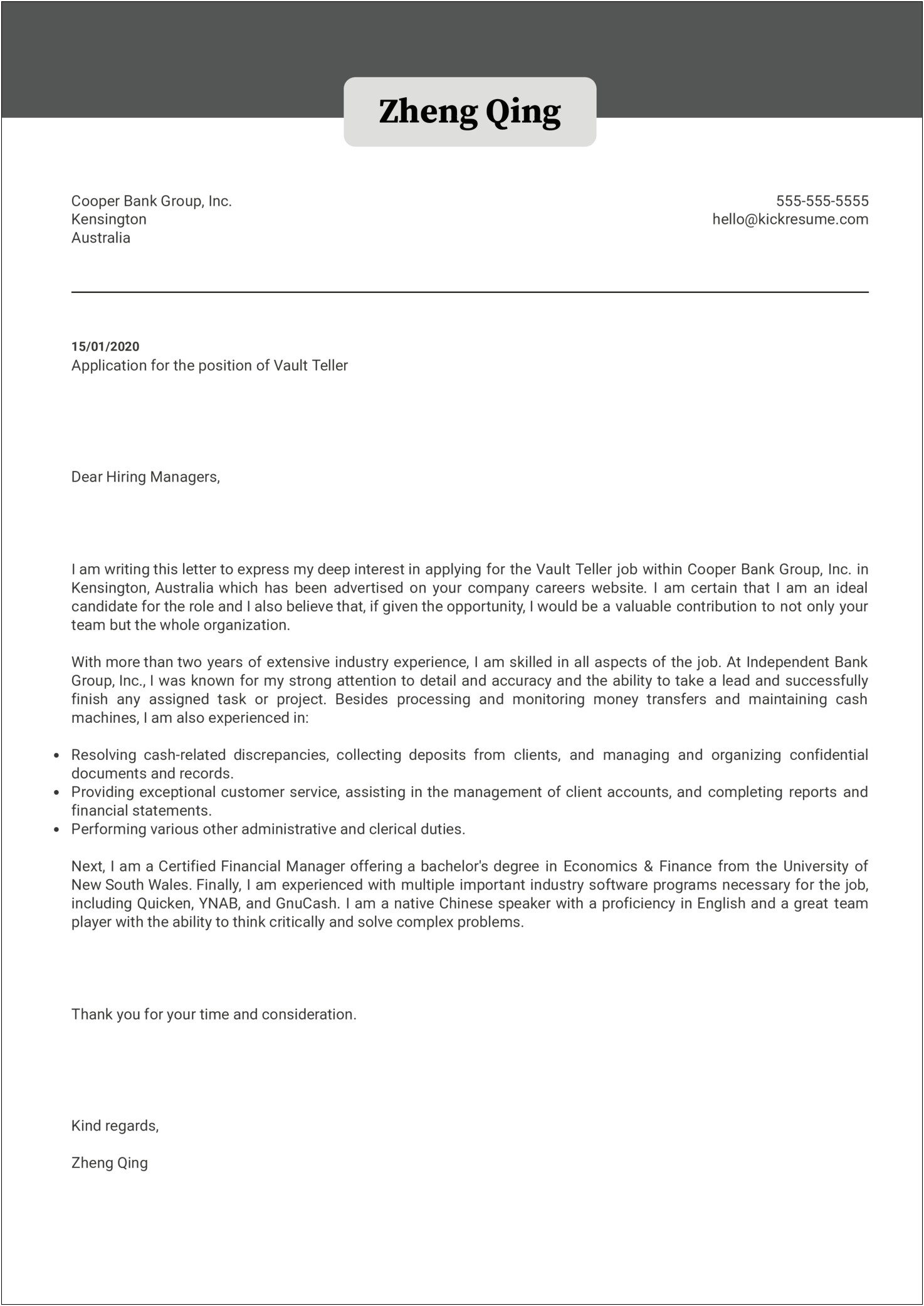 Resume Cover Letter To A Bank