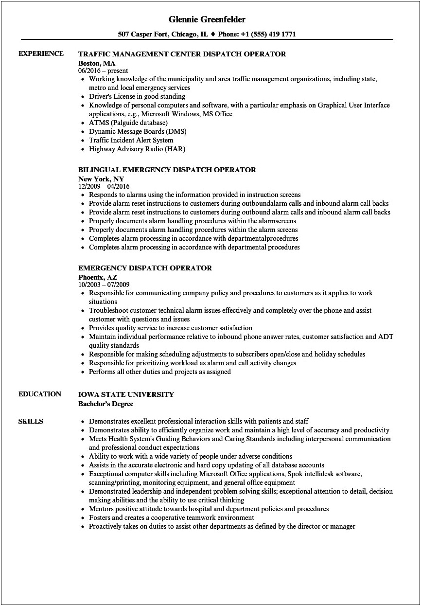 Resume Customer Service Dispatch Operator Description