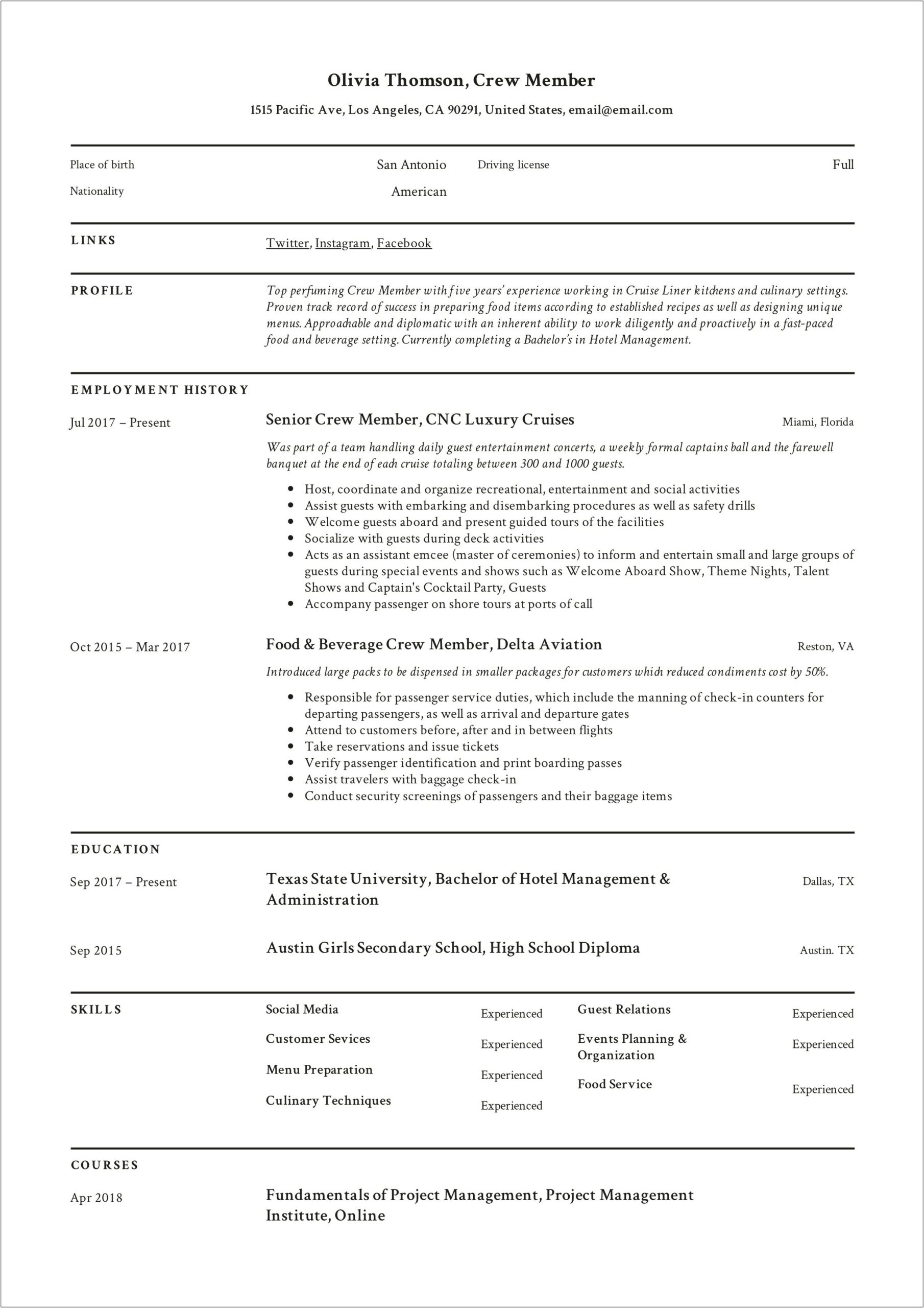 Resume Cv Sample For Yacht Crew Members