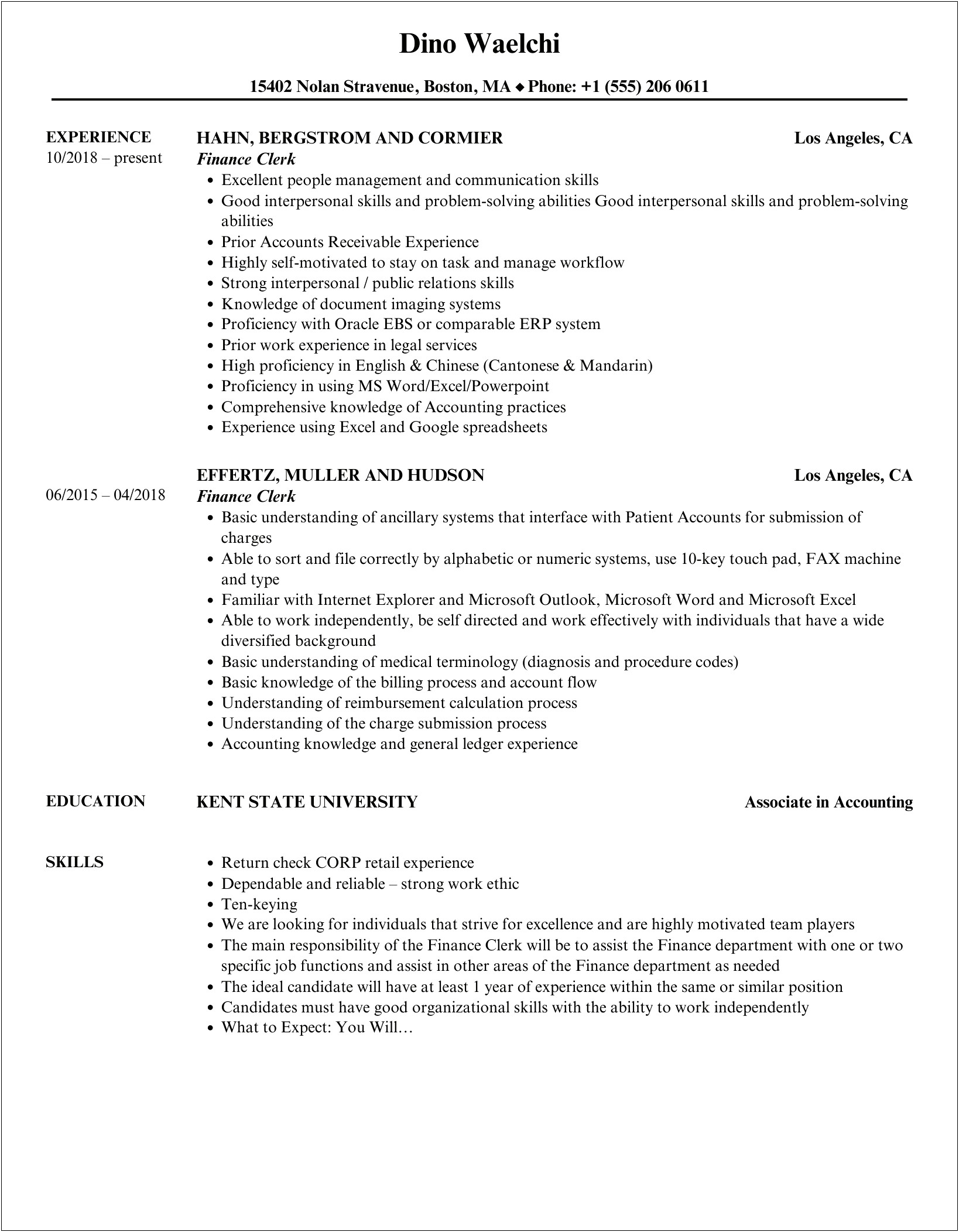 Resume Description For A Finance Clerk