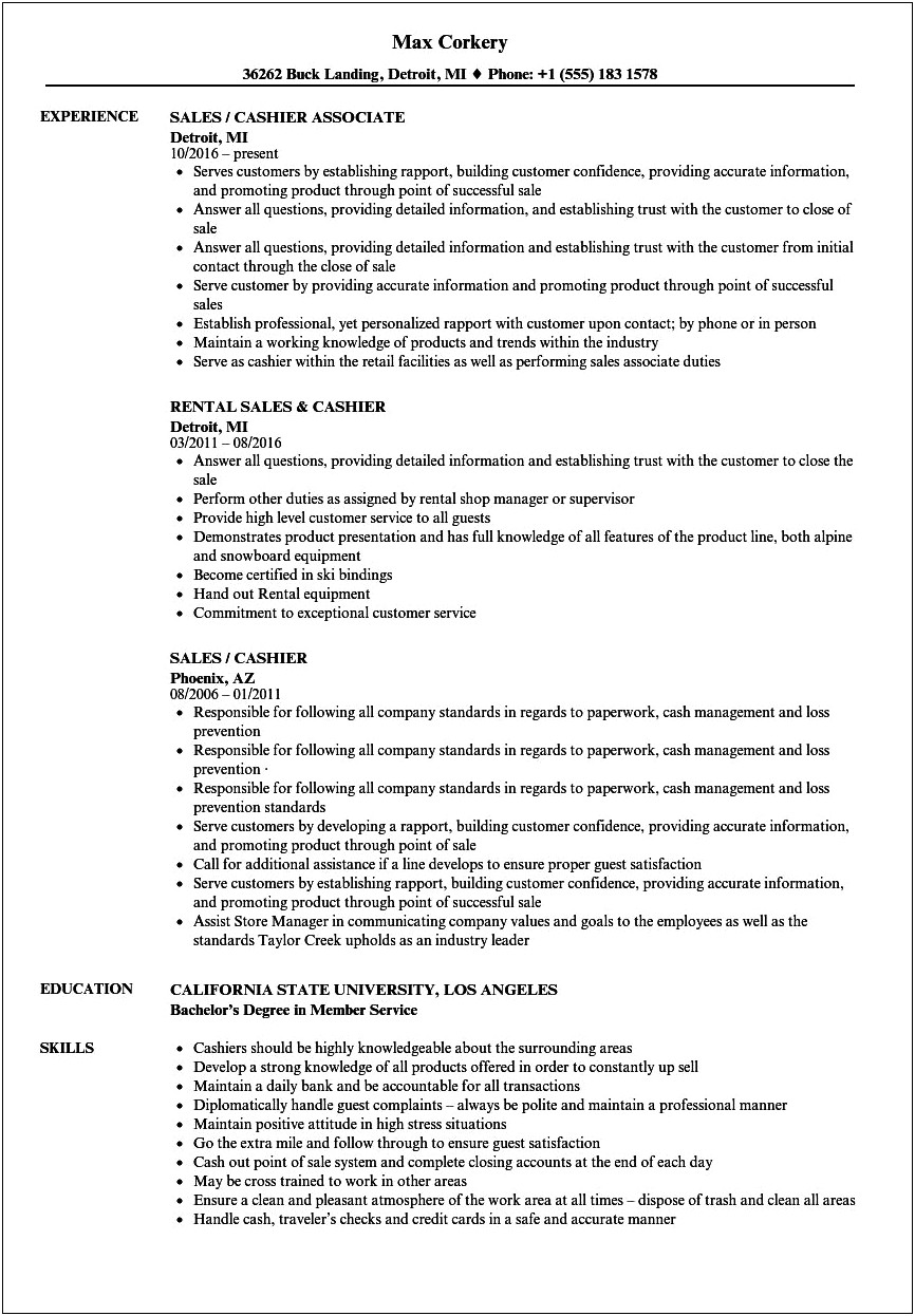 Resume Description For Cashier And Sales Associate