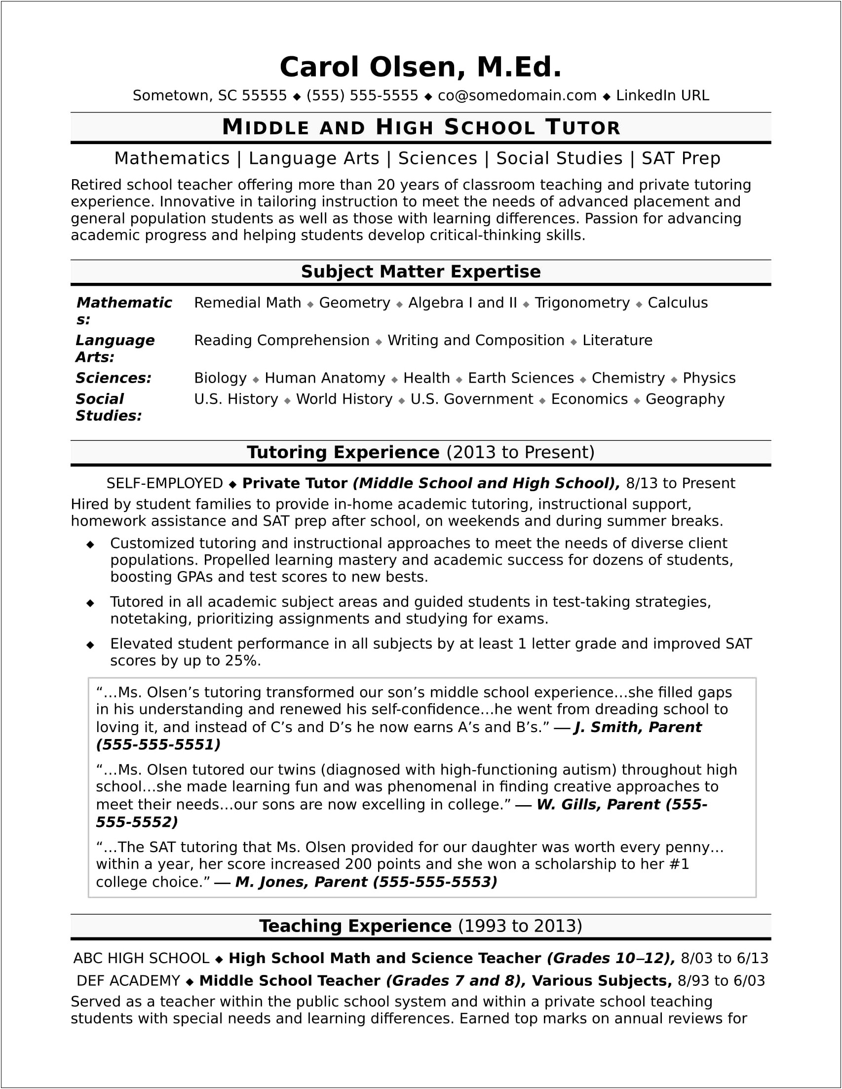 Resume Description For Elementary School Tutor