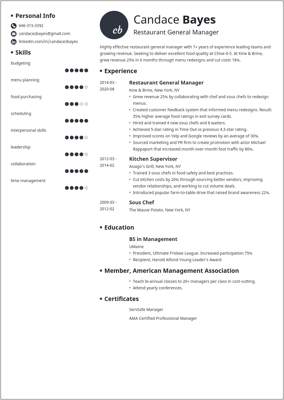 Resume Description Of Restaurant General Manager