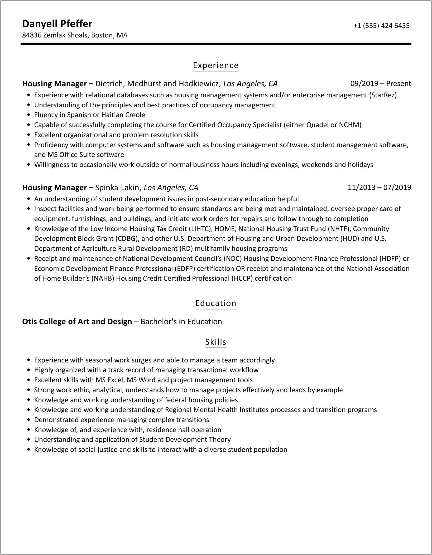 Resume Director Of Section 8housing Manager