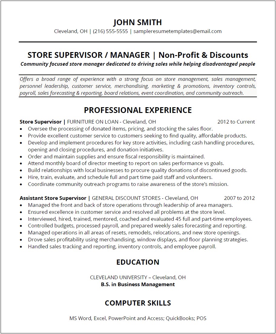 Resume Discription For A Store Manager