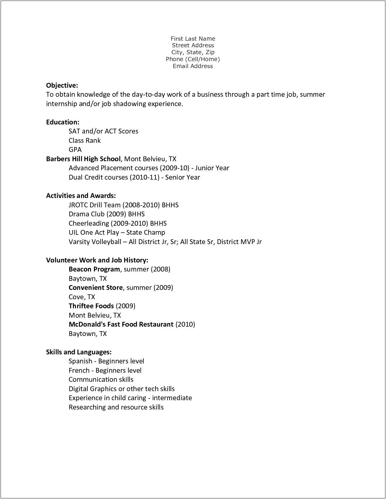 Resume Downloads For First Time Job Teenager