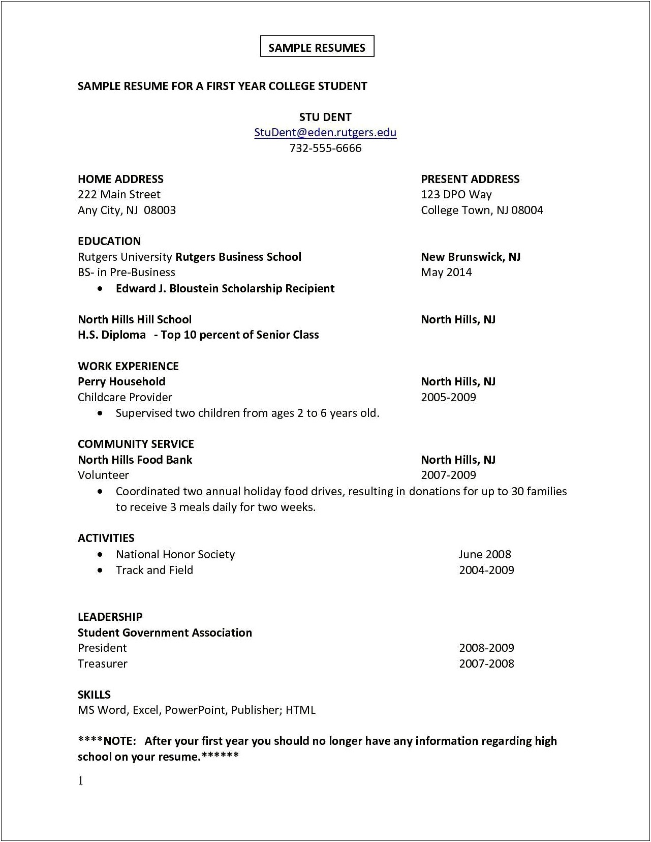 Resume Education Examples For Freshman College Students