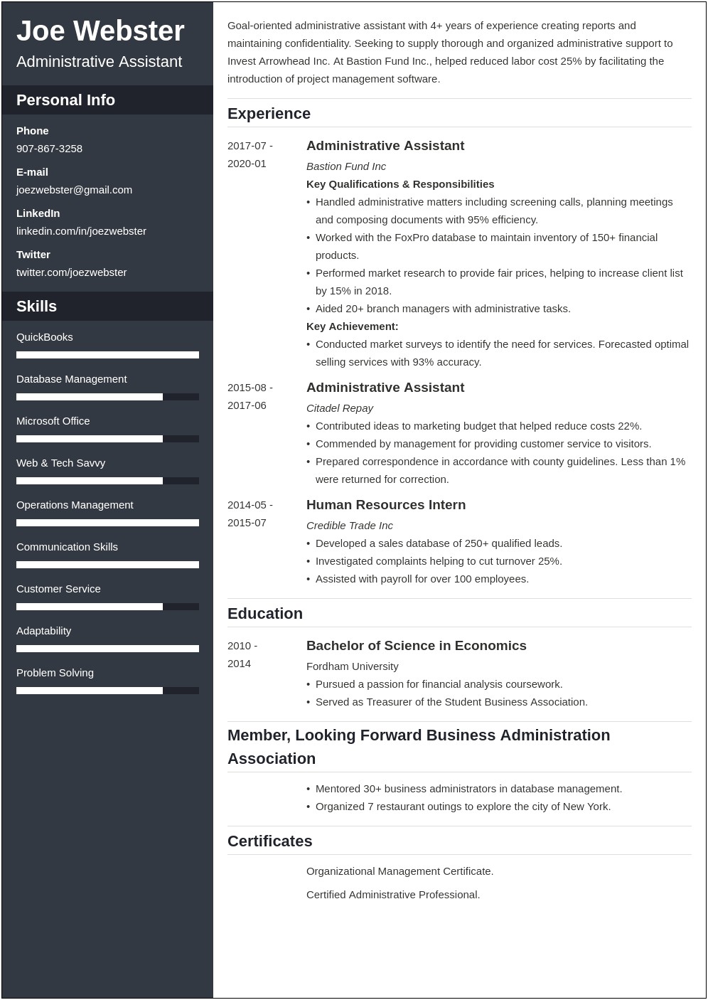 Resume Example Bachelor Of Business Economics