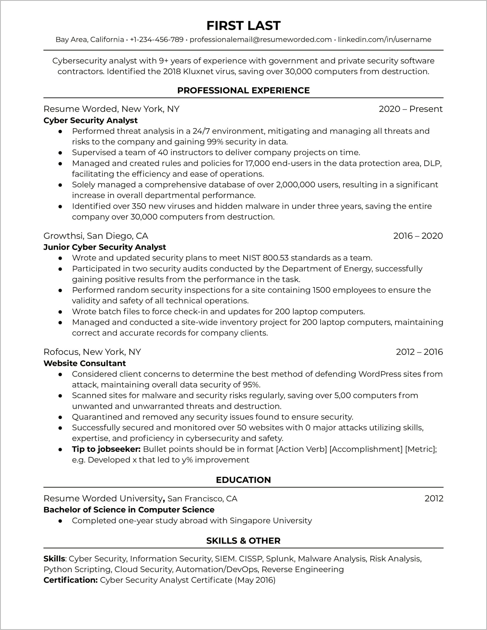 Resume Example For A Cyber Secuirty Person